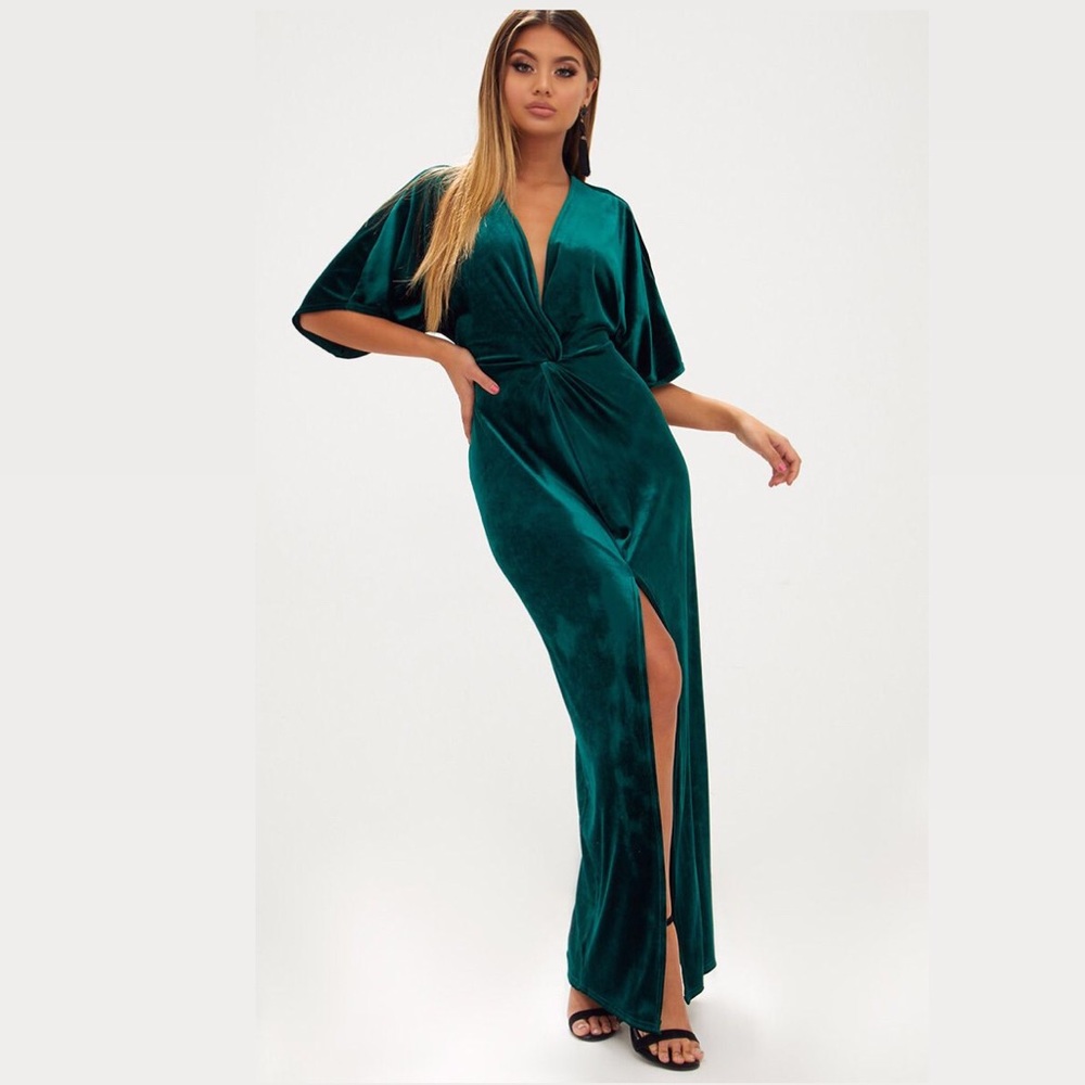 Emerald green velvet kimono sleeve maxi dress